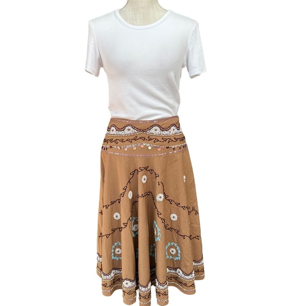 Haven Blue BOHO‎ Brown Floral Beaded Embroidered Midi Skirt Size: M